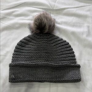 Ralph Lauren Purple Label Dark Gray Knit Beanie with Faux Fur Pom